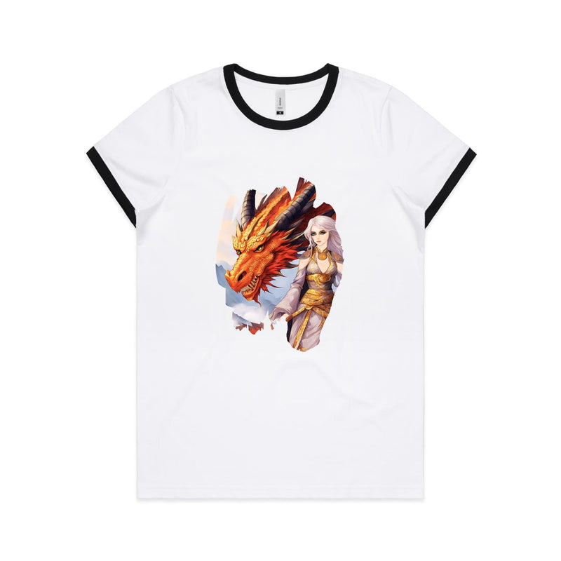 Lady and Pet Dragon AS Colour Women's Ringer Tee Ogo Merch