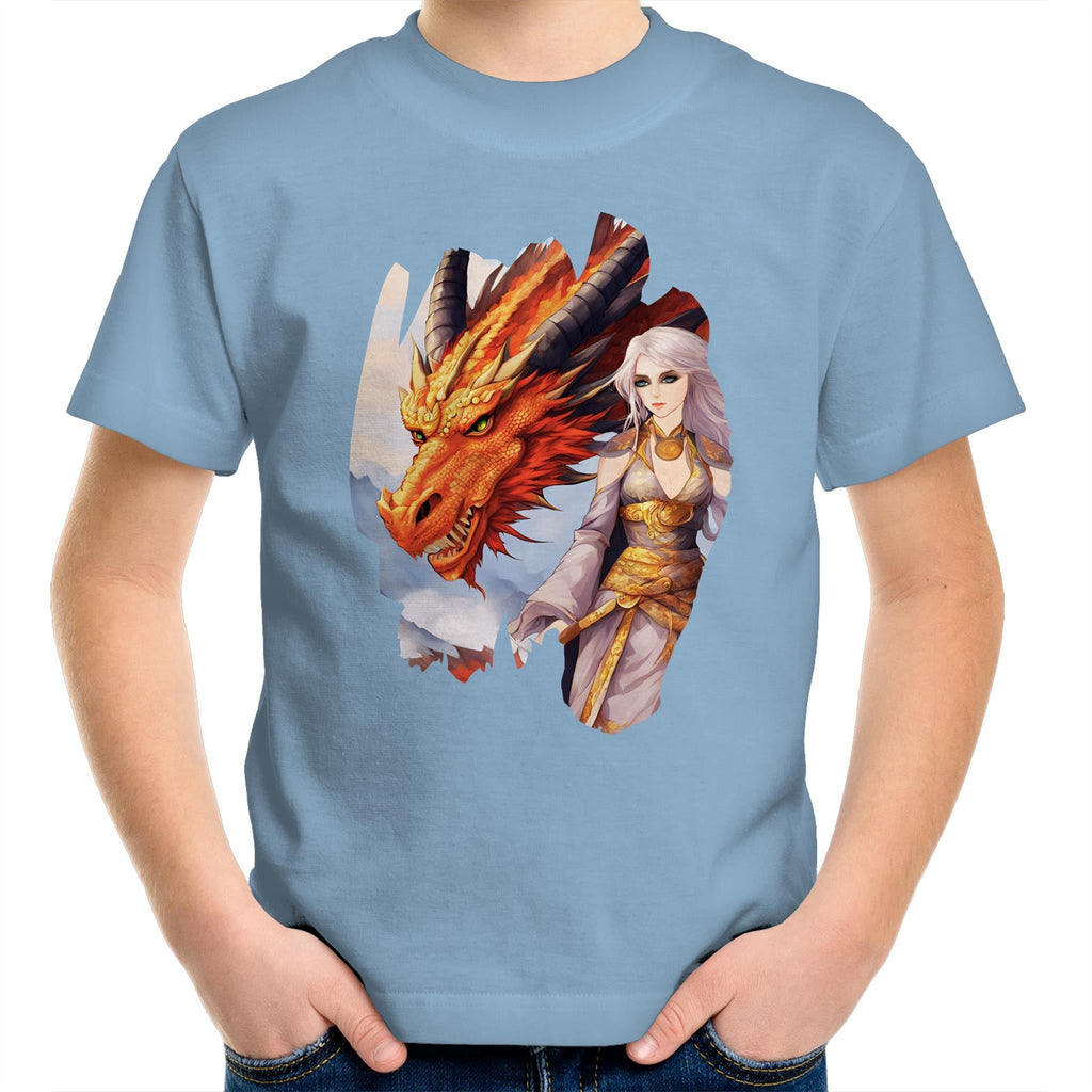 Lady and Pet Dragon AS Colour Kids Youth T-Shirt Ogo Merch