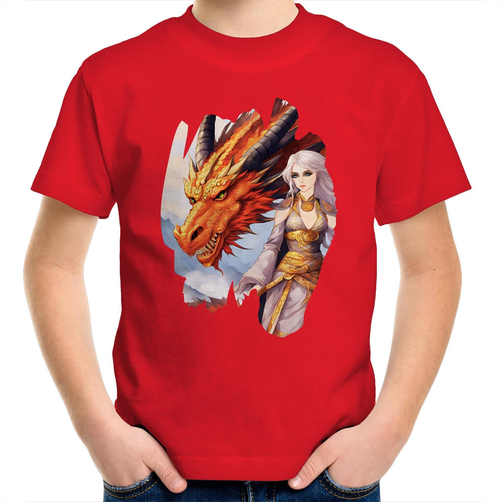 Lady and Pet Dragon AS Colour Kids Youth T-Shirt Ogo Merch