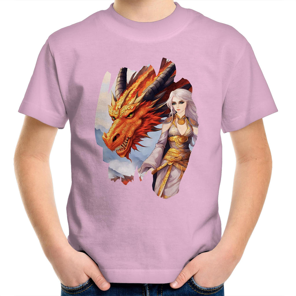 Lady and Pet Dragon AS Colour Kids Youth T-Shirt Ogo Merch