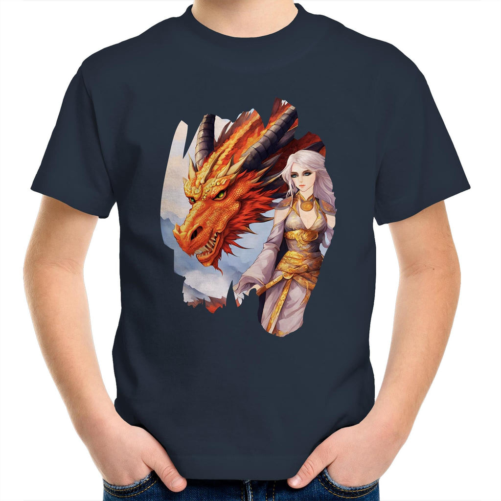 Lady and Pet Dragon AS Colour Kids Youth T-Shirt Ogo Merch