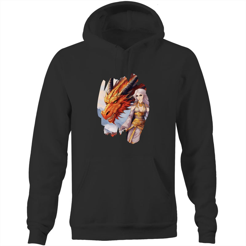 Lady and Pet Dragon AS Colour Stencil - Pocket Hoodie Sweatshirt Ogo Merch