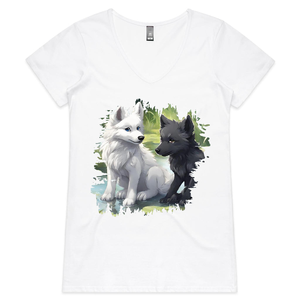 Two Wolves AS Colour Bevel - Womens V-Neck T-Shirt Ogo Merch