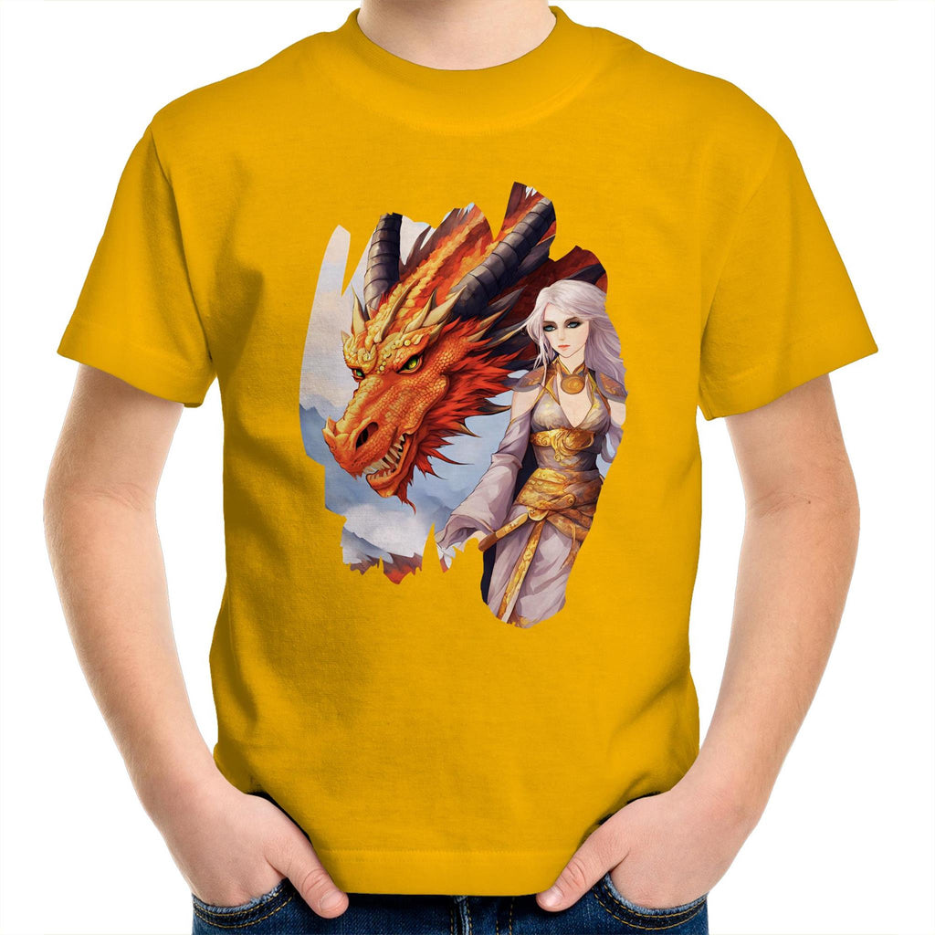 Lady and Pet Dragon AS Colour Kids Youth T-Shirt Ogo Merch