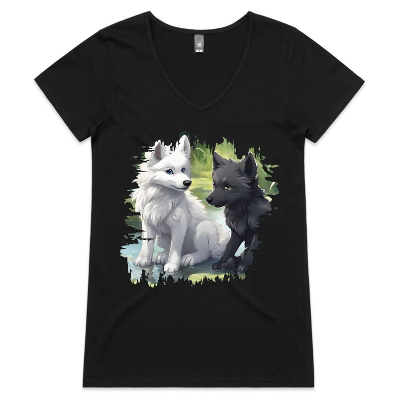 Two Wolves AS Colour Bevel - Womens V-Neck T-Shirt Ogo Merch