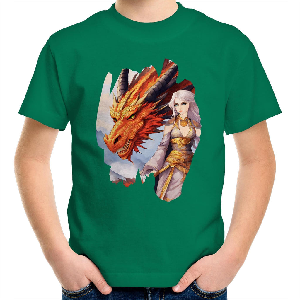 Lady and Pet Dragon AS Colour Kids Youth T-Shirt Ogo Merch