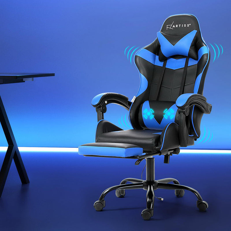 Artiss 2 Point Massage Gaming Office Chair Footrest Blue Dropshipzone