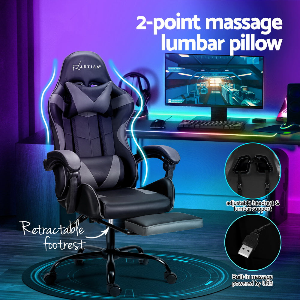 Artiss 2 Point Massage Gaming Office Chair Footrest Grey Dropshipzone