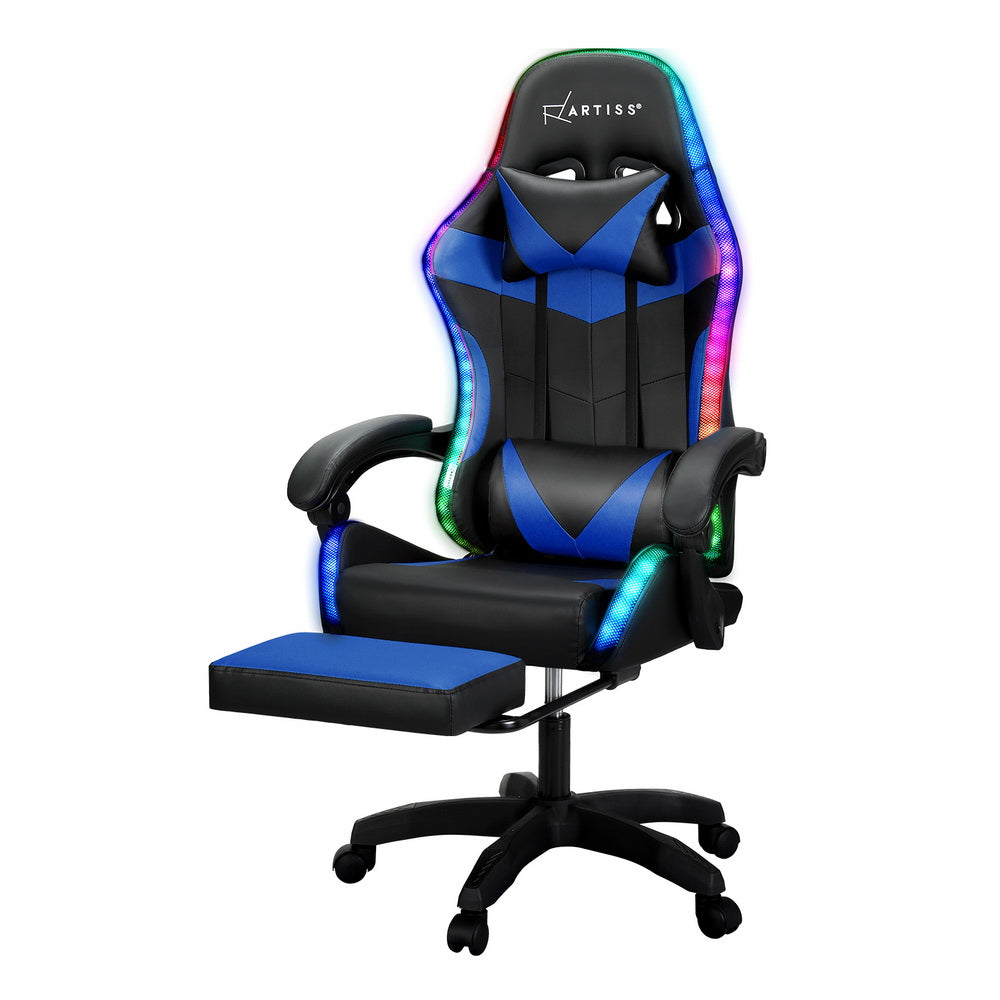 Artiss 6 Point Massage Gaming Office Chair 7 LED Footrest Blue Dropshipzone