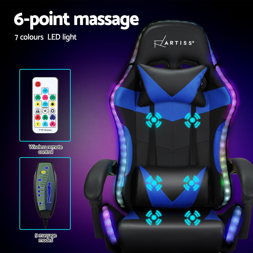 Artiss 6 Point Massage Gaming Office Chair 7 LED Footrest Blue Dropshipzone
