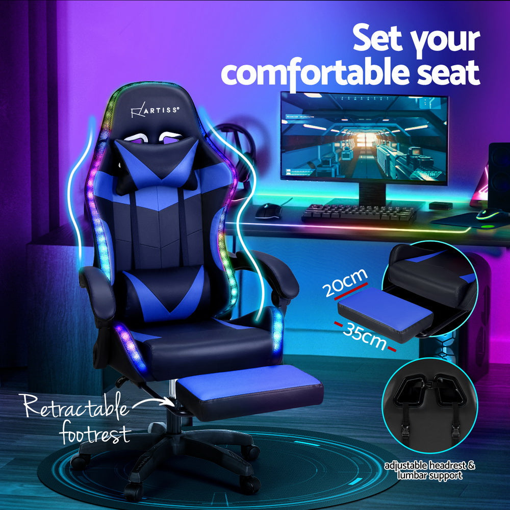 Artiss 6 Point Massage Gaming Office Chair 7 LED Footrest Blue Dropshipzone