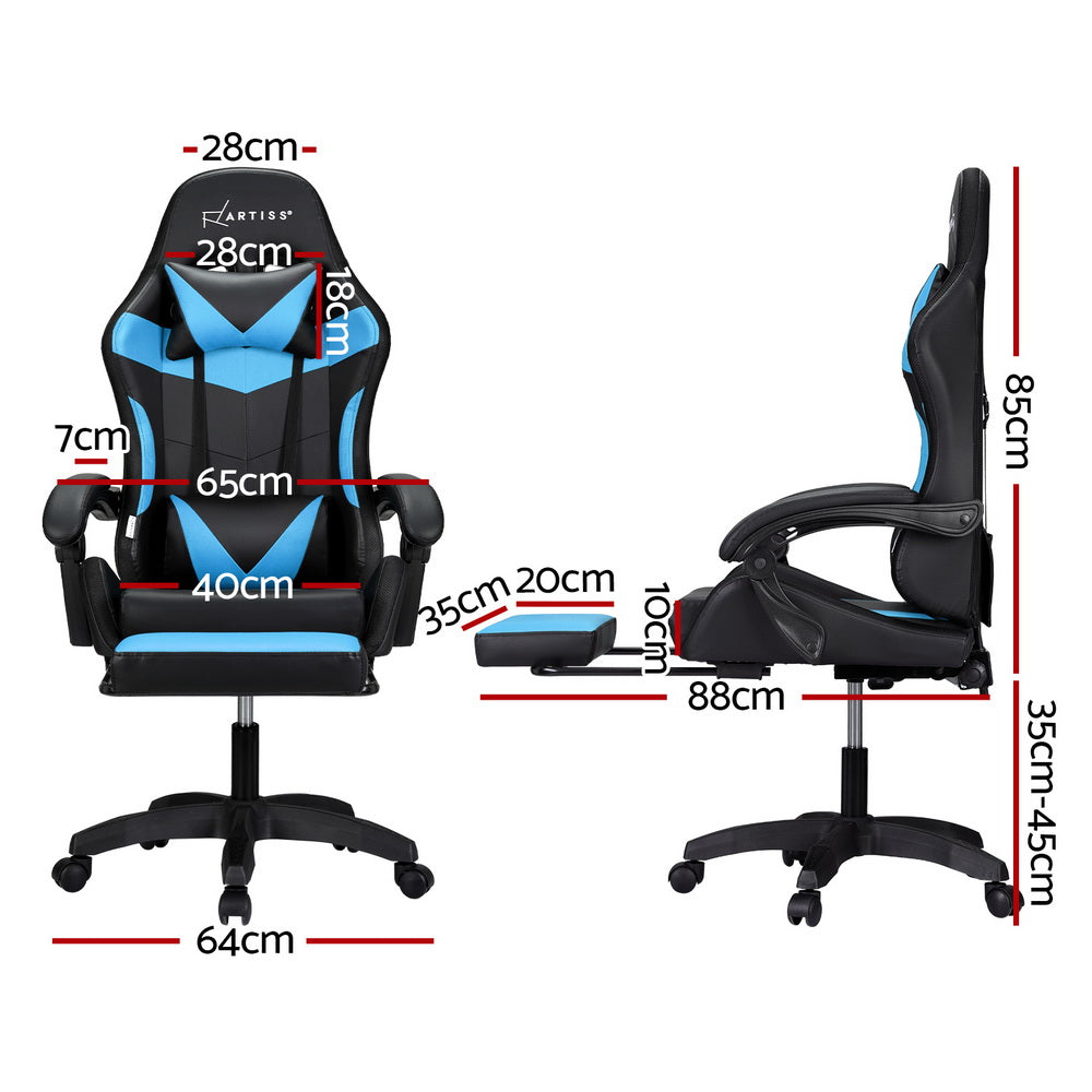Artiss 6 Point Massage Gaming Office Chair 7 LED Footrest Cyan Blue Dropshipzone