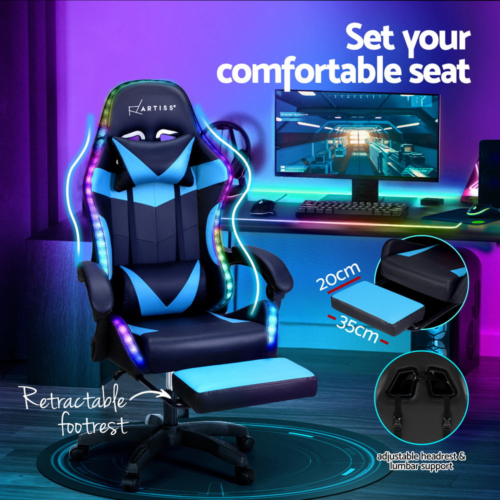Artiss 6 Point Massage Gaming Office Chair 7 LED Footrest Cyan Blue Dropshipzone