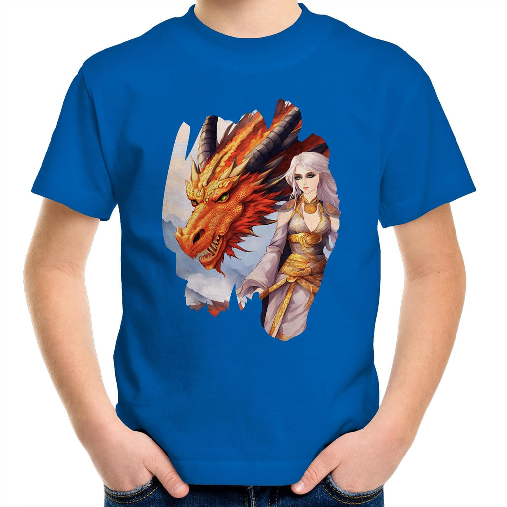 Lady and Pet Dragon AS Colour Kids Youth T-Shirt Ogo Merch