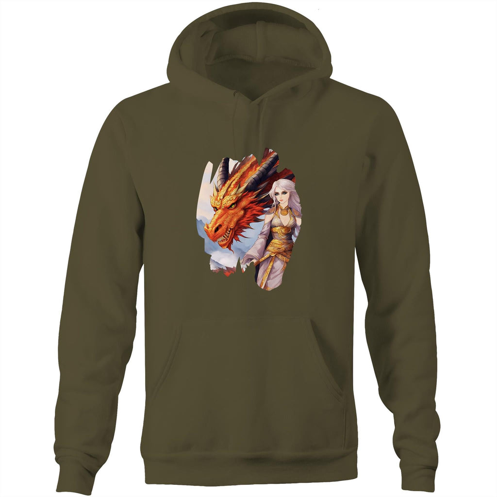 Lady and Pet Dragon AS Colour Stencil - Pocket Hoodie Sweatshirt Ogo Merch