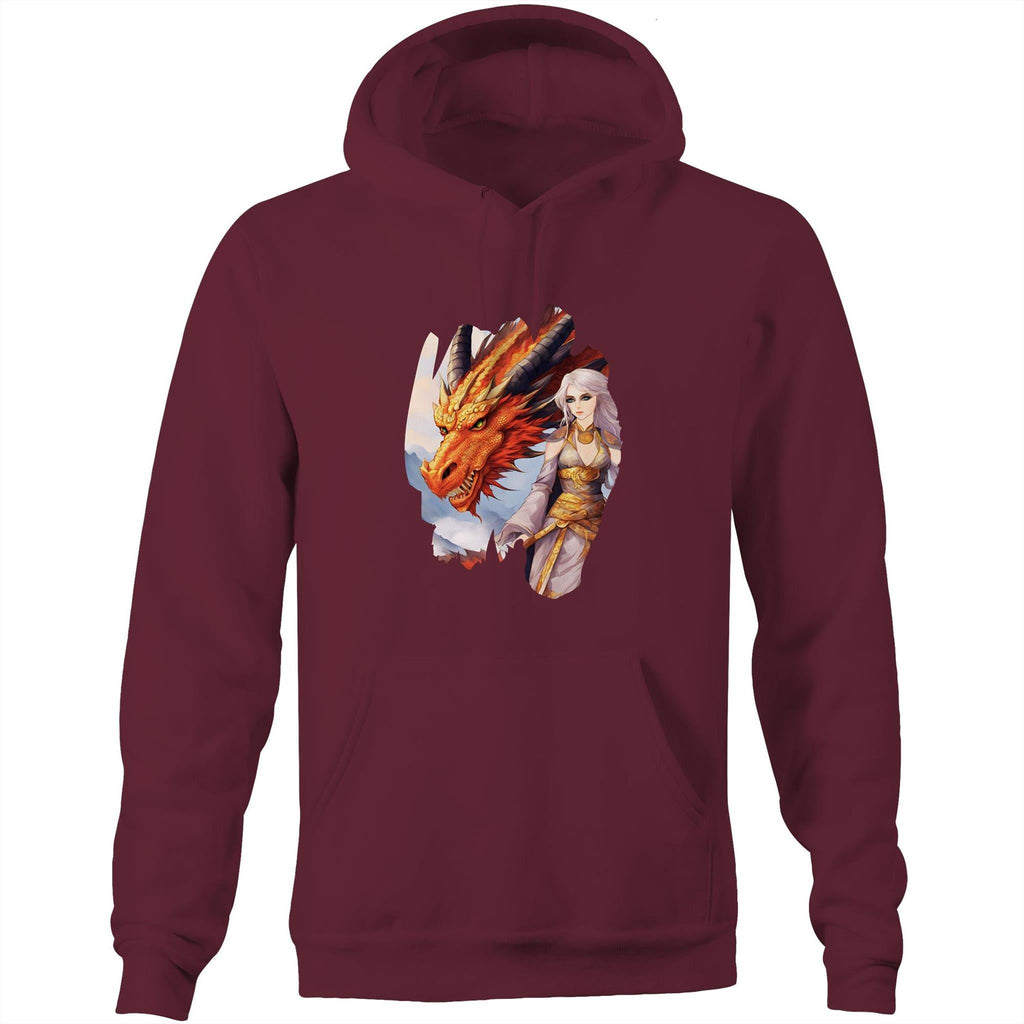 Lady and Pet Dragon AS Colour Stencil - Pocket Hoodie Sweatshirt Ogo Merch