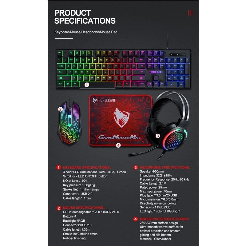 T-Wolf TF400 4-pcs Rainbow Keyboard/Mouse/Headphone/Mouse Pad Kit Set Dropshipzone
