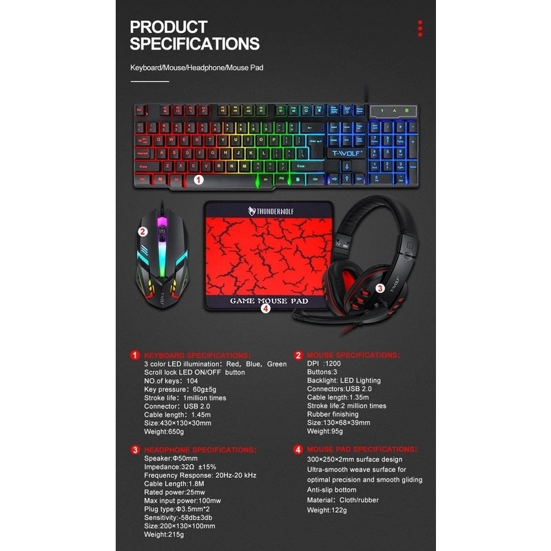 T-Wolf TF800 RGB Gaming Keyboard/Mouse/Headphone/Mouse Pad Set Dropshipzone