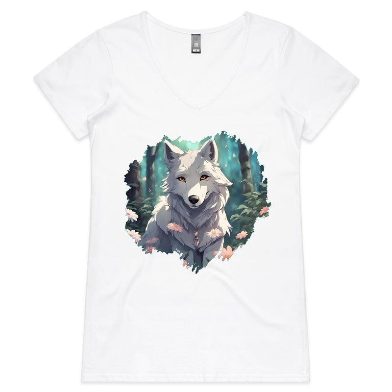 Wolf Print AS Colour Bevel Womens V Neck TShirt Ogo Merch