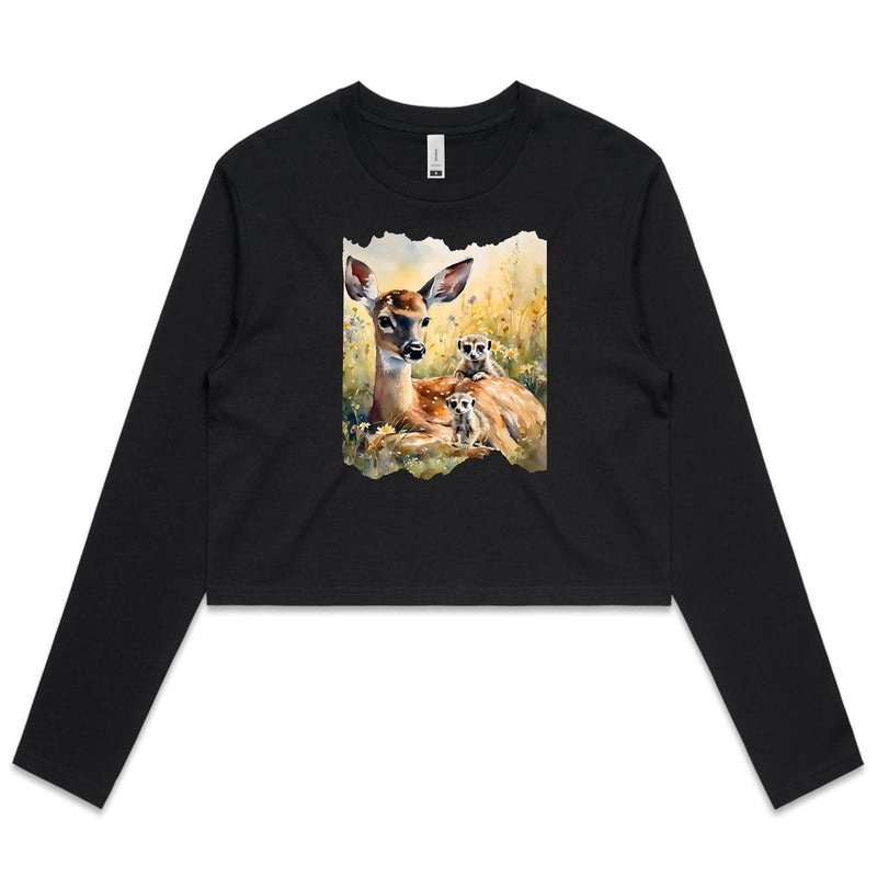 Deer and Meerkats AS Colour - Women's Long Sleeve Crop Tee Ogo Merch