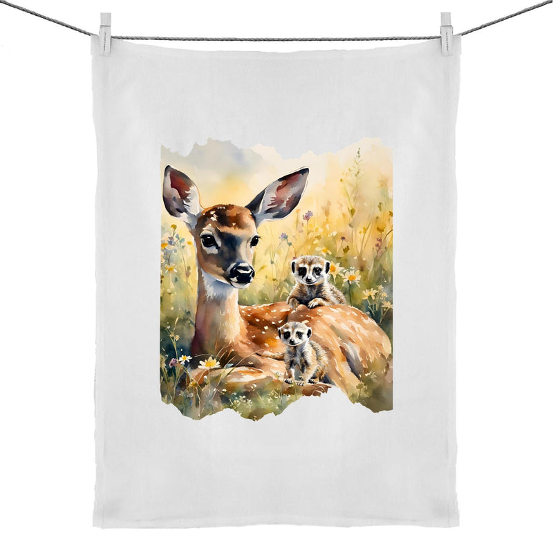 Deer and Meerkats 50% Linen 50% Cotton Tea Towel Ogo Merch