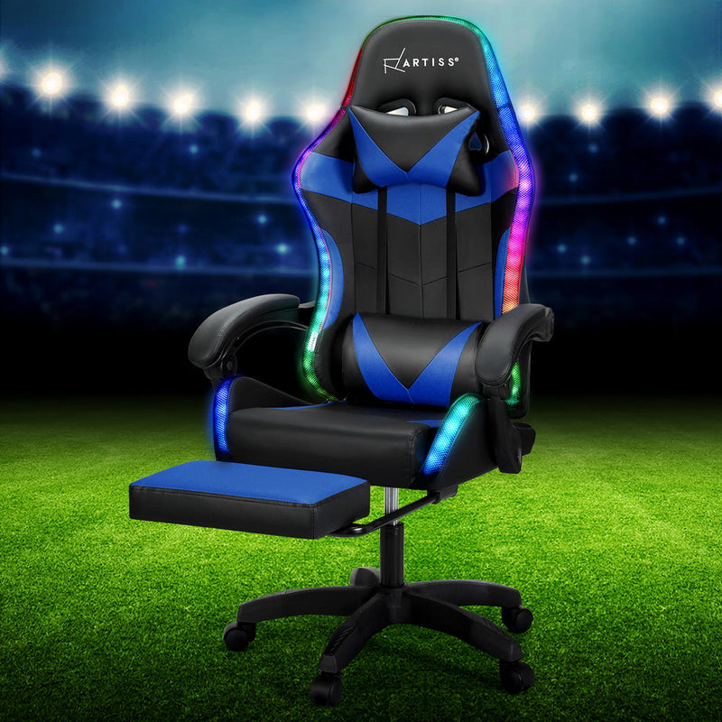 Artiss 6 Point Massage Gaming Office Chair 7 LED Footrest Blue Dropshipzone