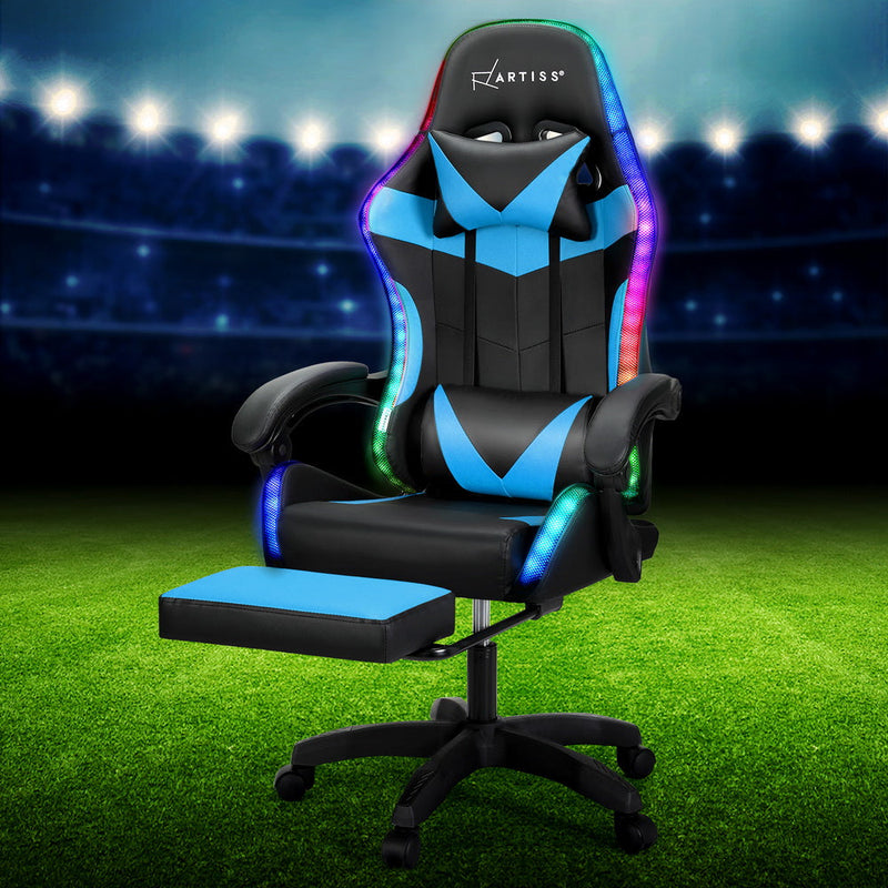 Artiss 6 Point Massage Gaming Office Chair 7 LED Footrest Cyan Blue Dropshipzone