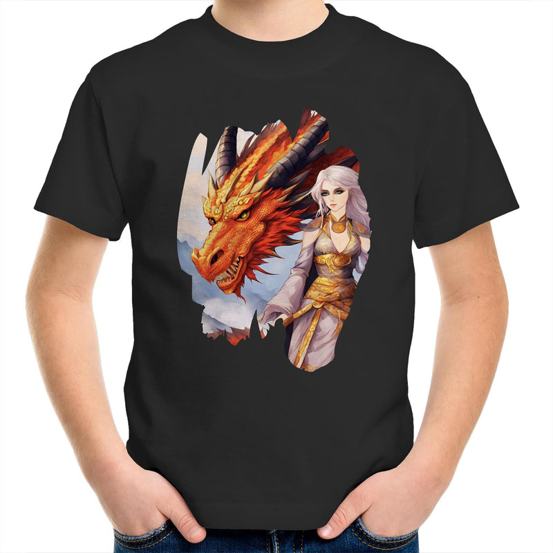 Lady and Pet Dragon AS Colour Kids Youth T-Shirt Ogo Merch