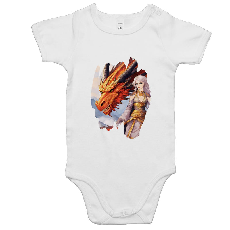 Lady and Pet Dragon AS Colour Mini Me - Baby Onesie Romper Ogo Merch