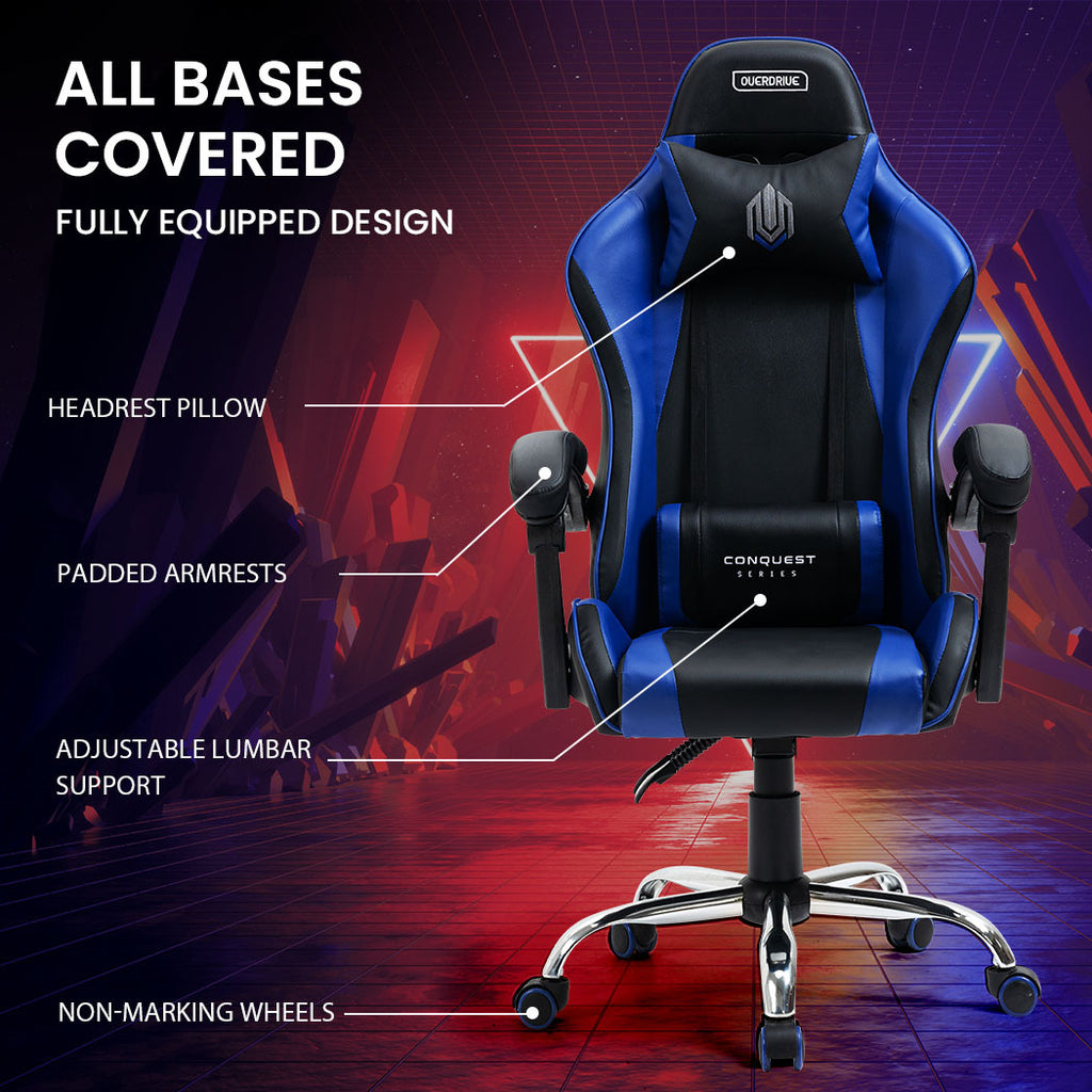 OVERDRIVE Conquest Series Reclining Gaming Ergonomic Office Chair with Lumbar and Neck Pillows, Black and Blue