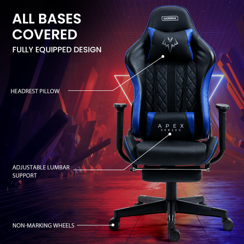 OVERDRIVE Apex Series Reclining Gaming Chair with Footrest, Black and Blue